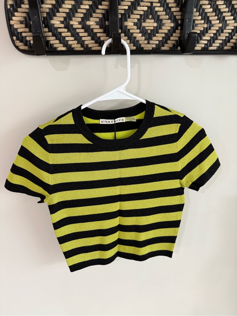 Alice + Olivia Ciara Striped Metallic Cropped Sweater - Green/Black - XS - NWT